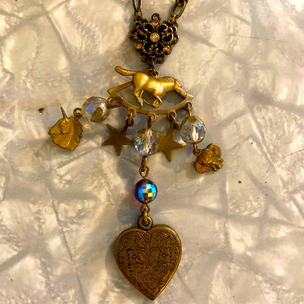 necklace-vintage locket, charms, beads & unicorns.